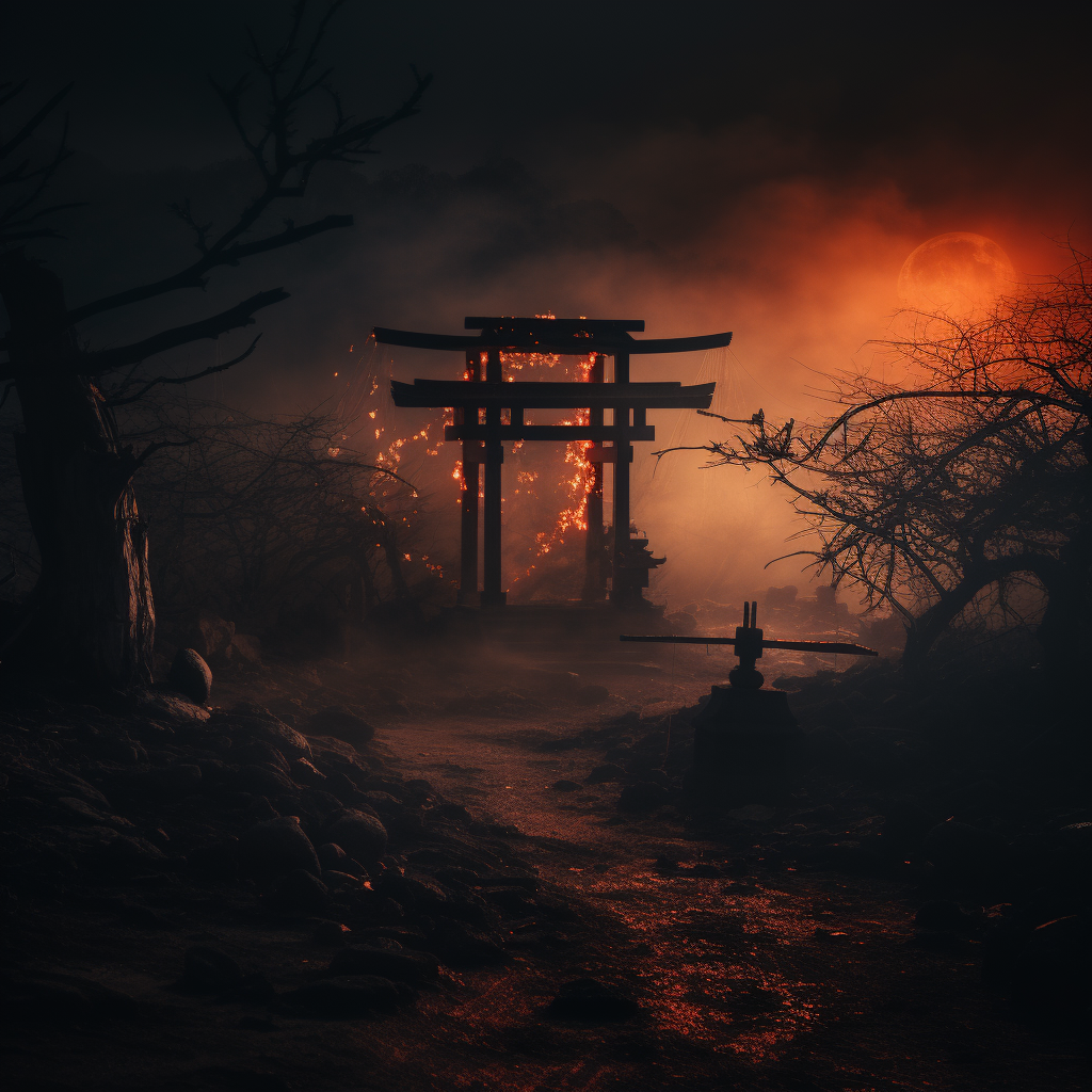 Fiery Japanese Shrine in Desert