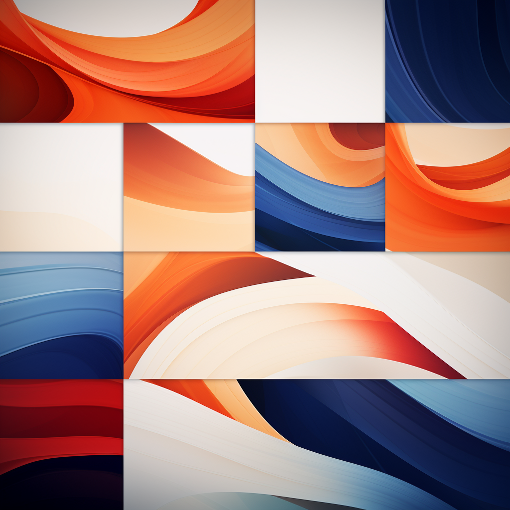 Abstract artwork in fiery orange, white, and navy blue