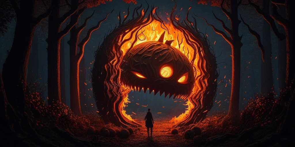 Pumpkin Sculpture in Dark Fantasy Forest