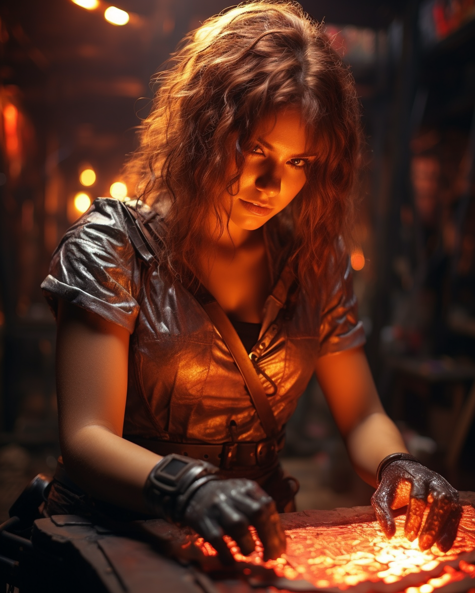 Powerful woman blacksmith forging glowing weapons