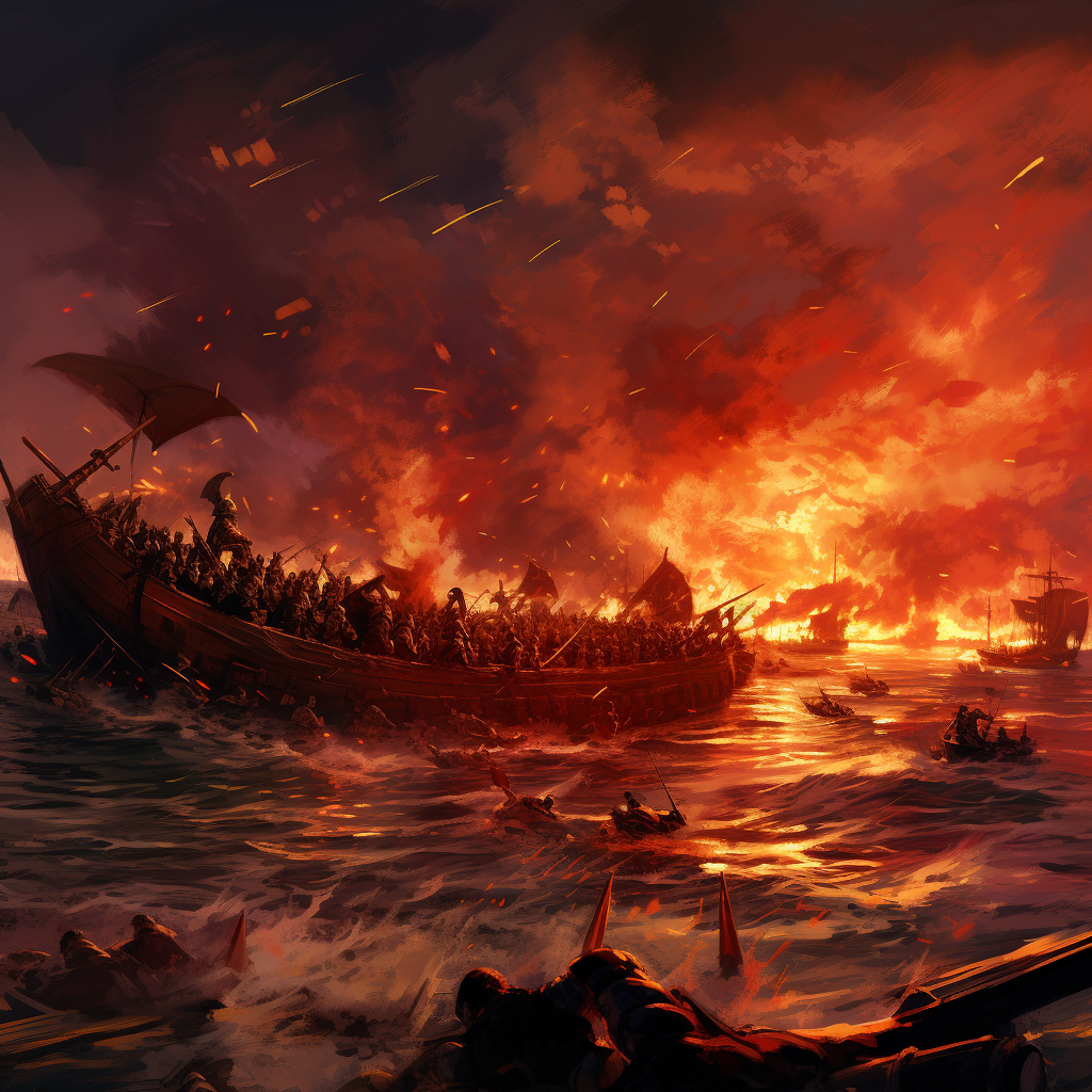 Fiery Ships Attacked by Roman Soldiers