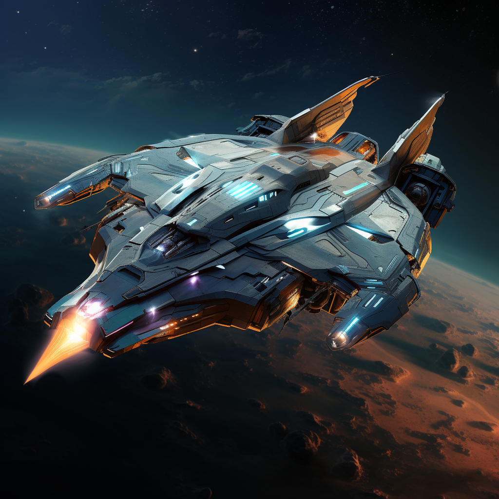 Powerful fighter starship in space