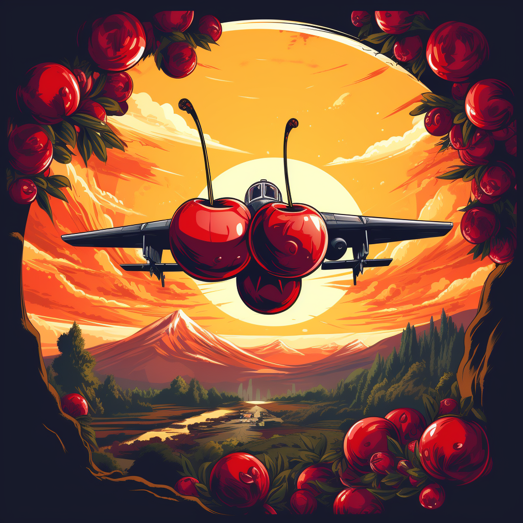 Fighter jet dropping cherries cartoon style