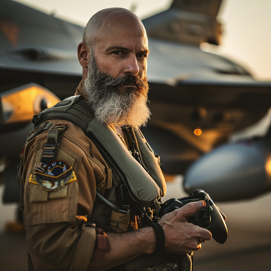 Fighter Pilot with Xbox Controller in front of F16