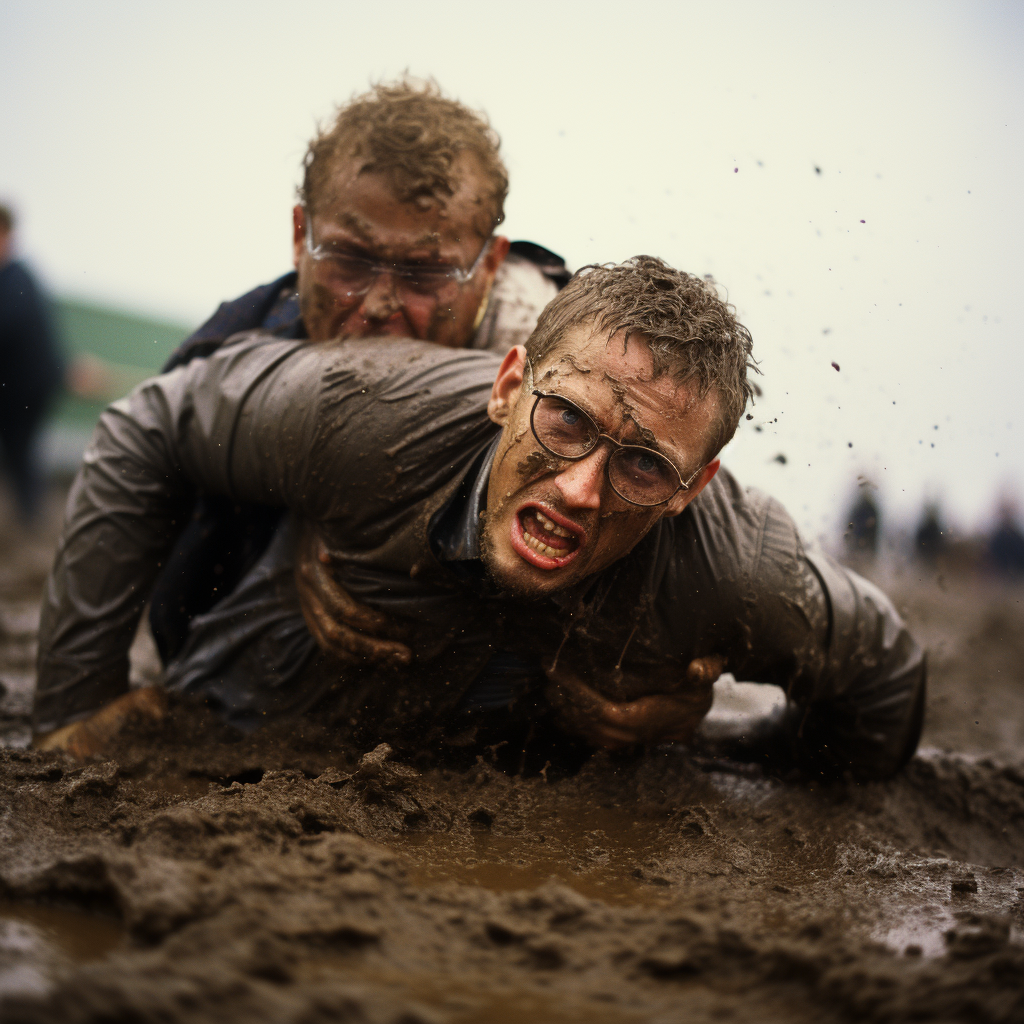 Two men wrestling in muddy ring