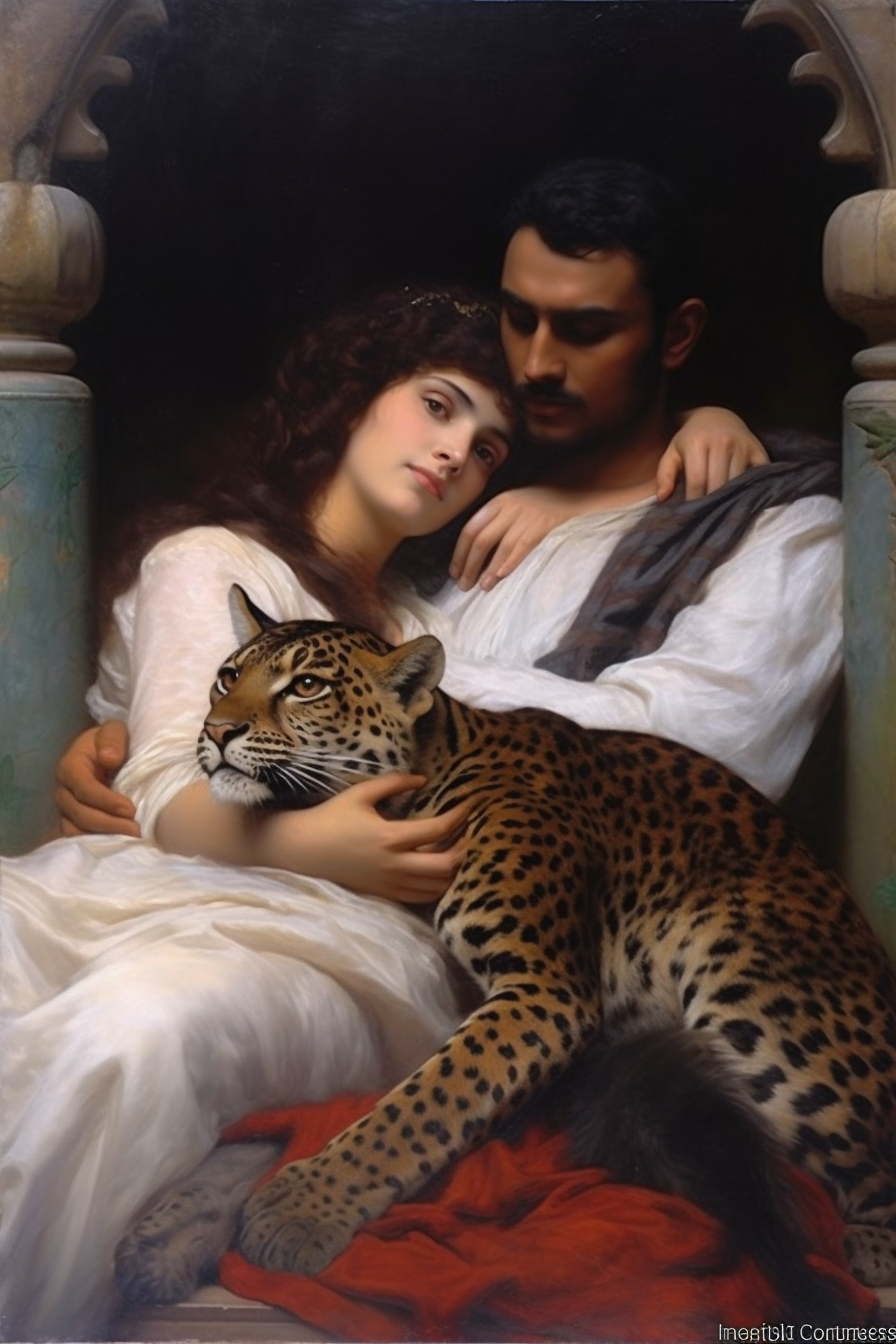 Woman with Pet Leopards in Dramatic Scene