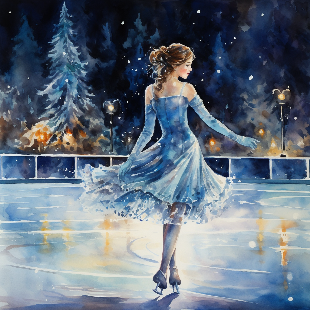 Elegant figure skater on ice rink at night