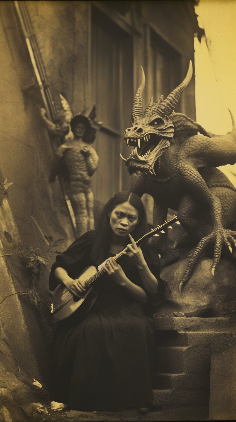 Vintage photo of Filipina witch with saxophone-playing gargoyle