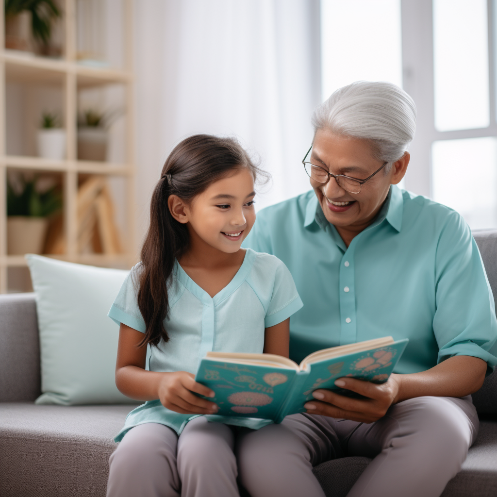 Filipina woman contractor explaining guideline book to elderly American on couch