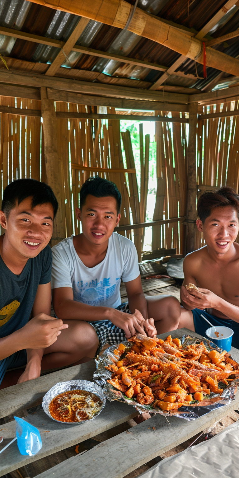 Filipino Chinese Men Eating Party Food