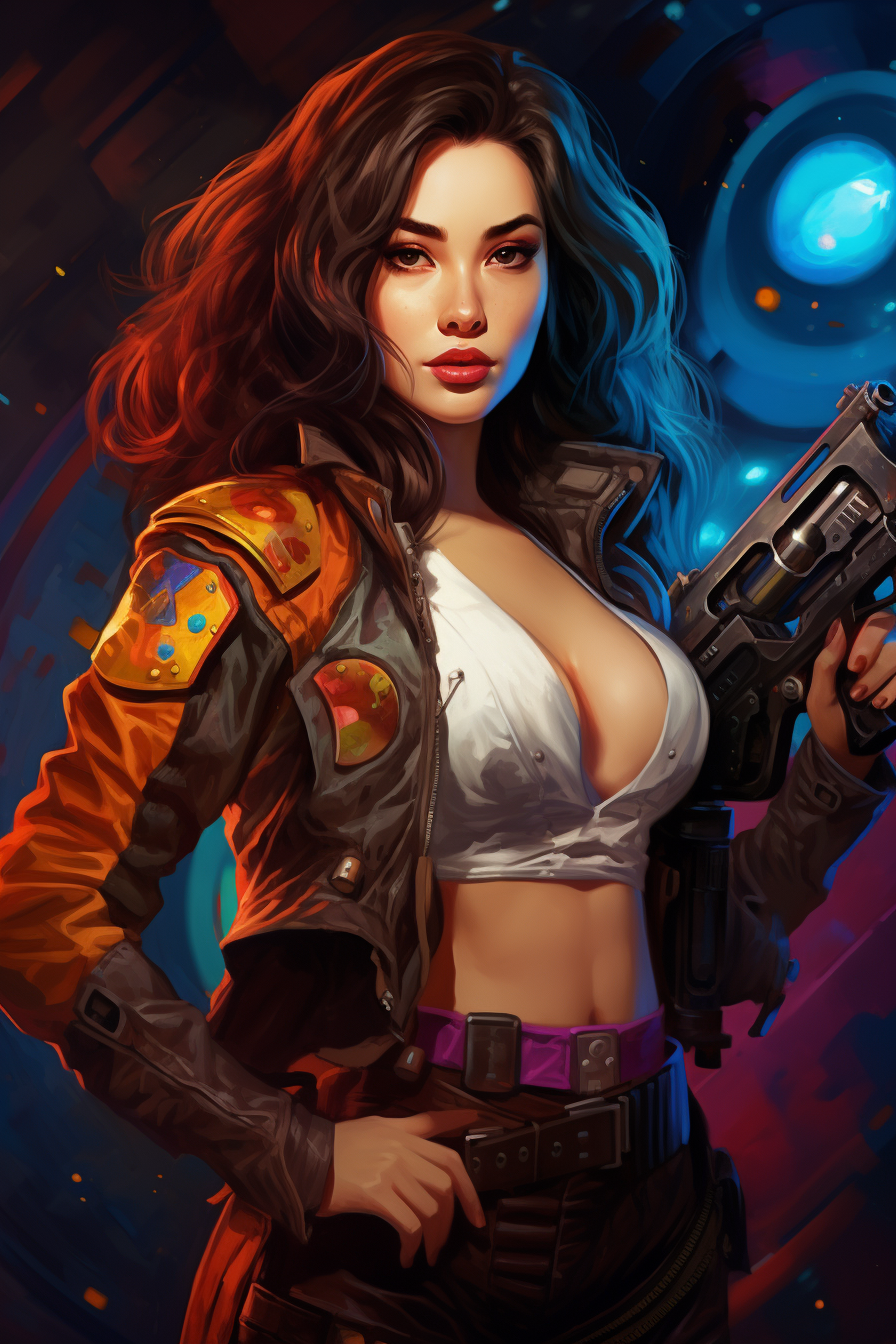 Filipino cowgirl in spaceship with blasters