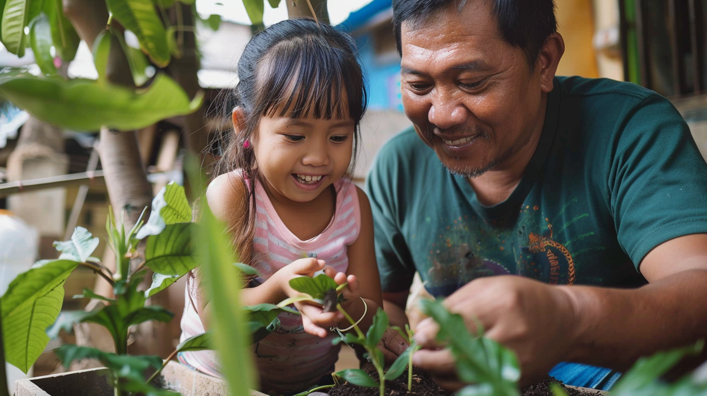 Filipino Dad Daughter Planting Seeds