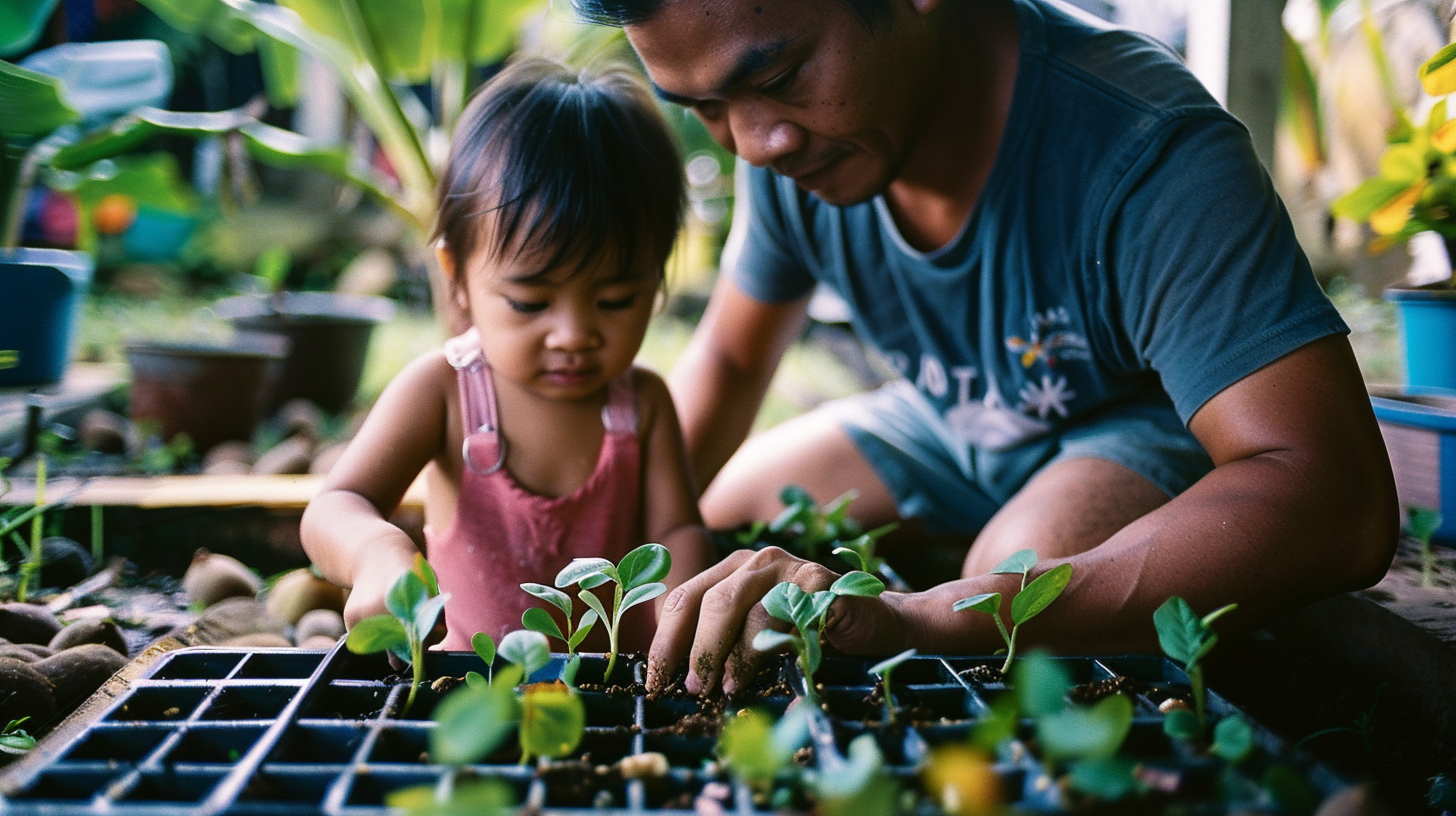 Filipino Dad Daughter Planting Seeds