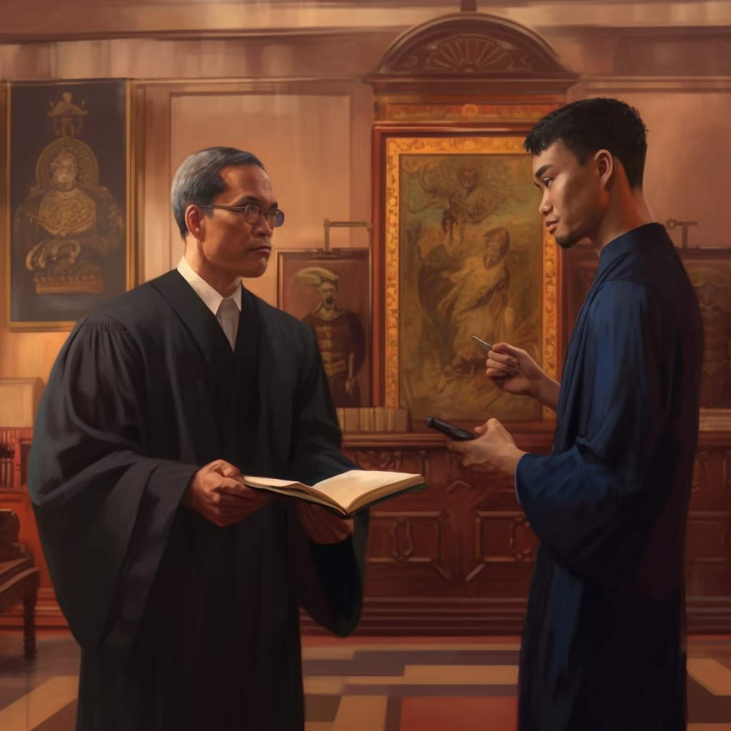 Filipino judge handing search warrant in courtroom painting