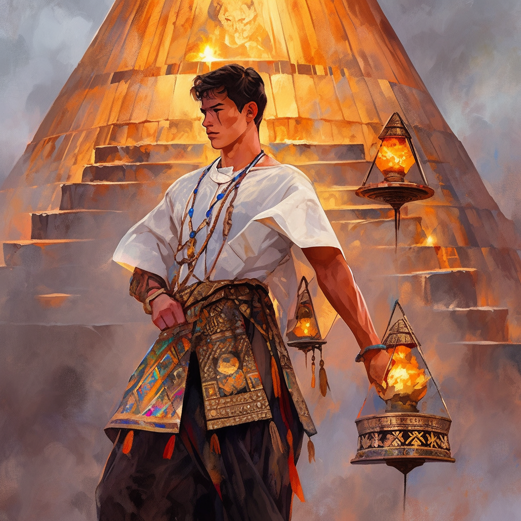 Filipino priest with smoldering censer near Mayan pyramid