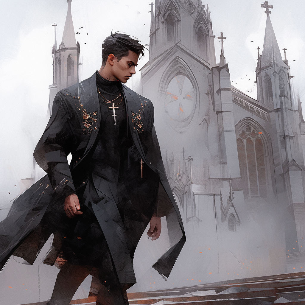 Male Filipino priest with smoldering censer walking past gothic cathedral