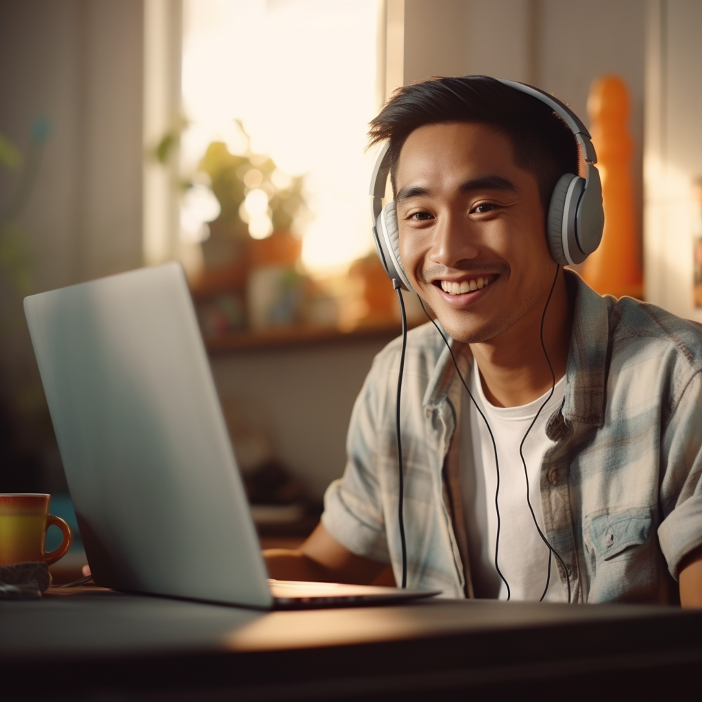 Filipino man working on computer in living room