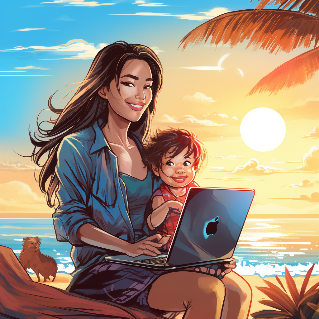 Filipino woman with laptop on beach