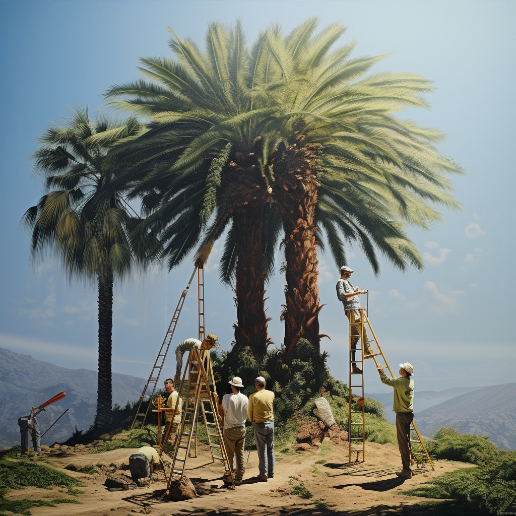 Film crew hiding behind palm tree