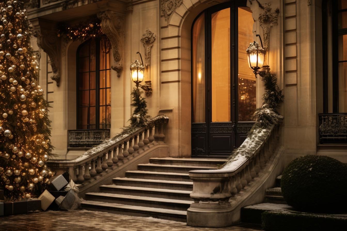 A night scene of French-style exterior stairs