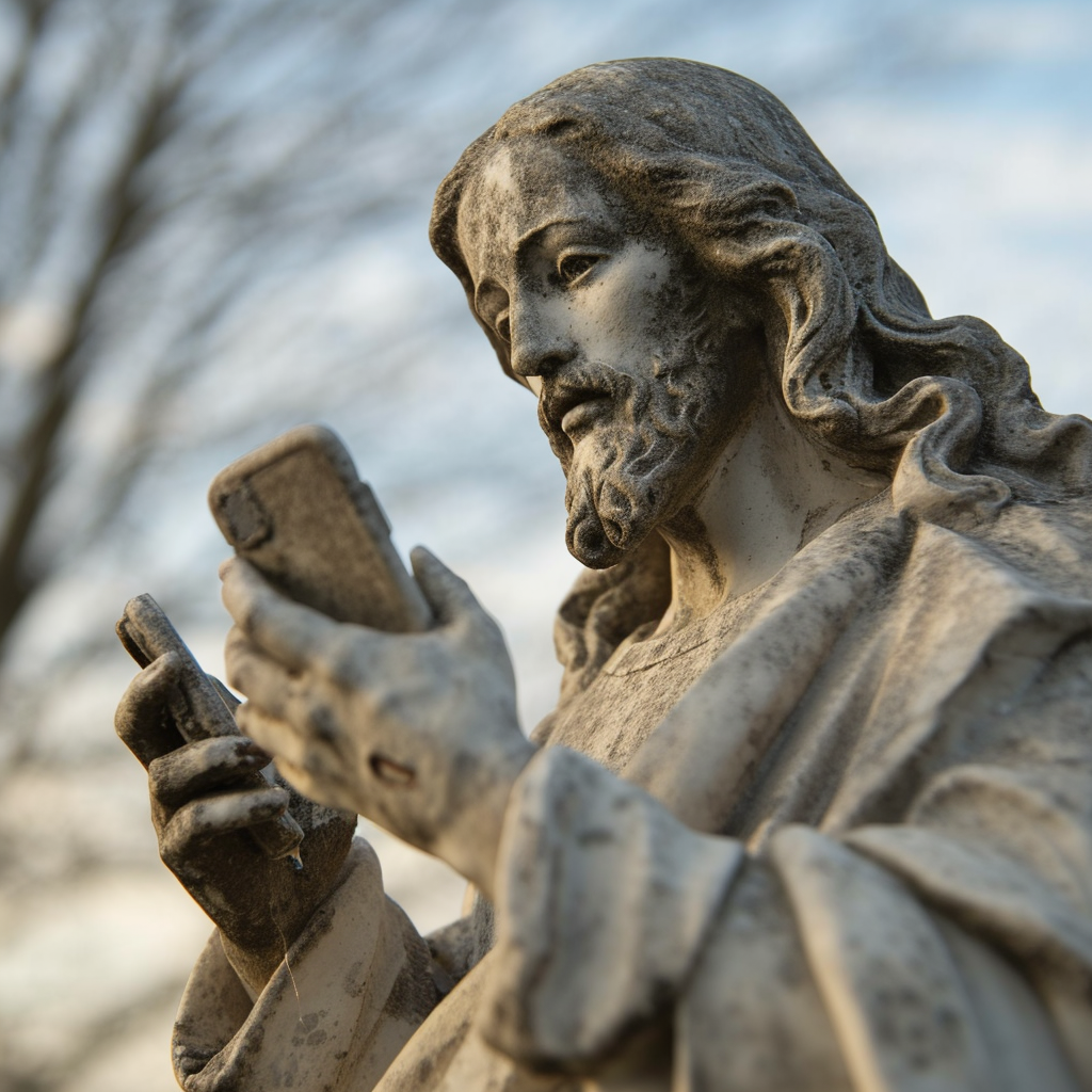 Close-up of Jesus Christ with Mobile Phone