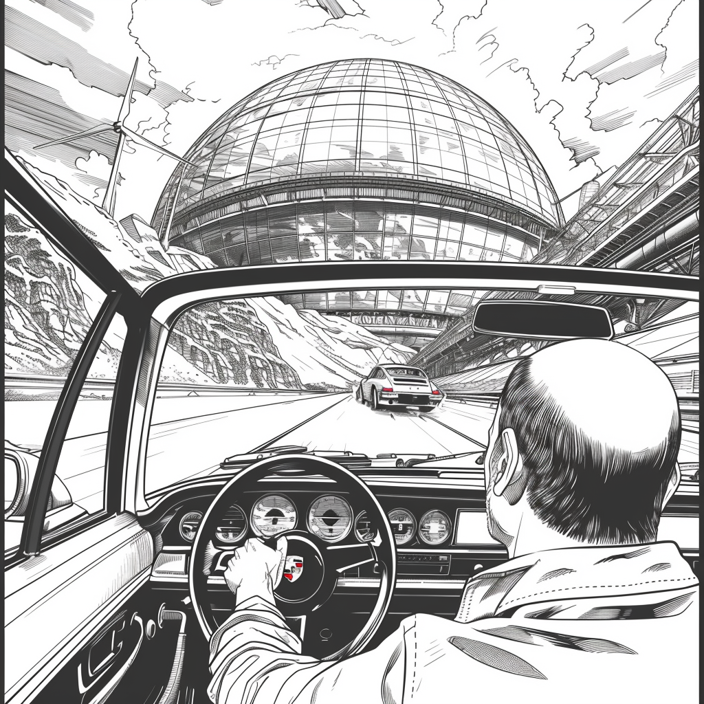 Handsome man driving Porsche illustration drawing