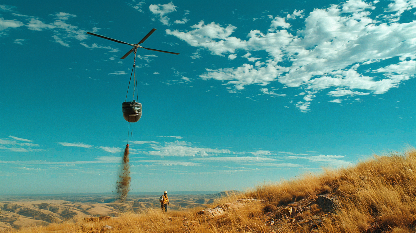 Helicopter carrying dirt bucket in Australia