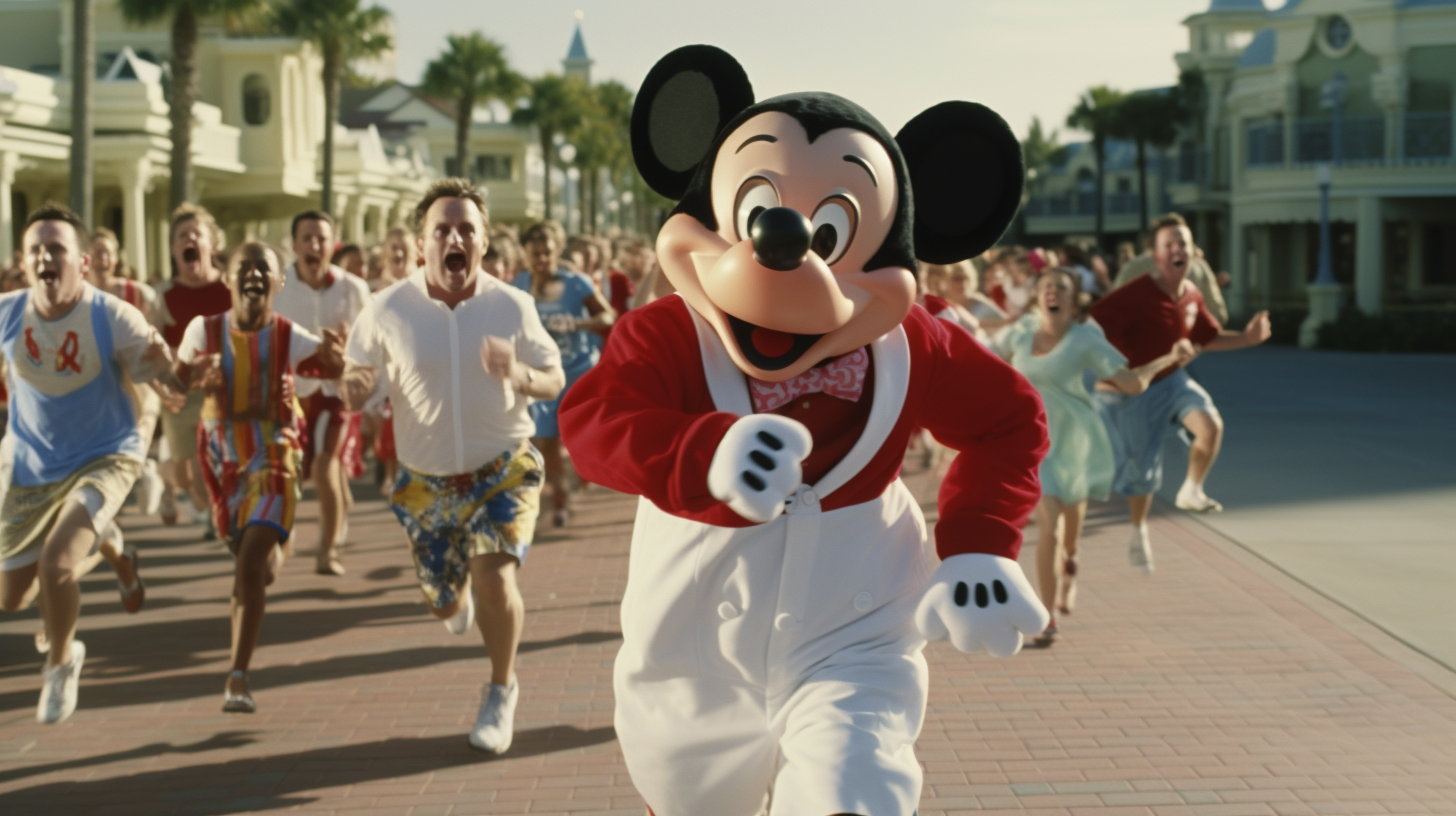 Film still of a guy in knock off Mickey Mouse costume running at a sea-themed theme park in Orlando, Florida