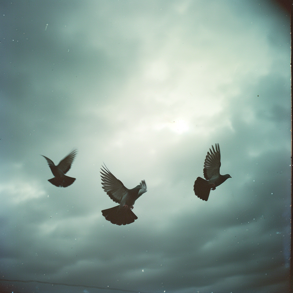 Moody stormy sky with flying doves