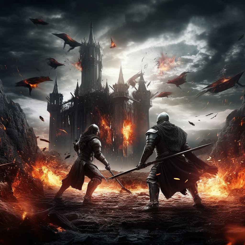 Knights fighting in burning castle