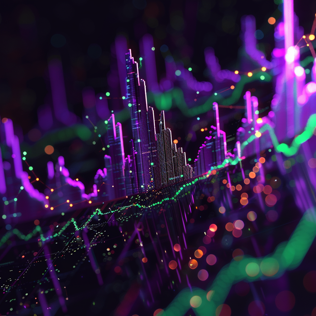 Market charts purple green colors