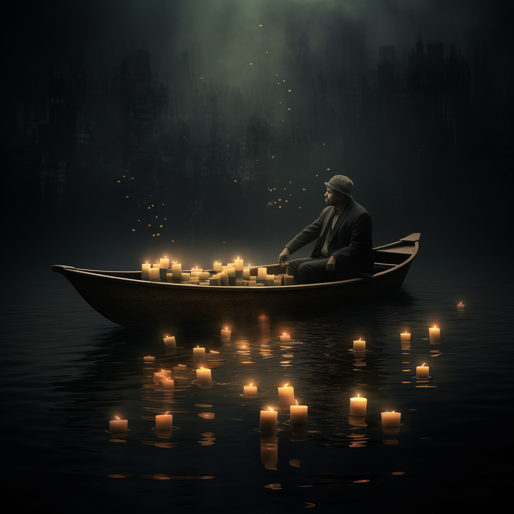 Man on Boat surrounded by Financial Chart Candlesticks