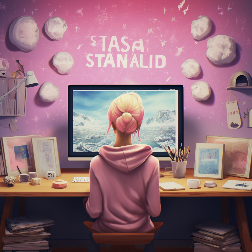 Woman at desk with digital art setup