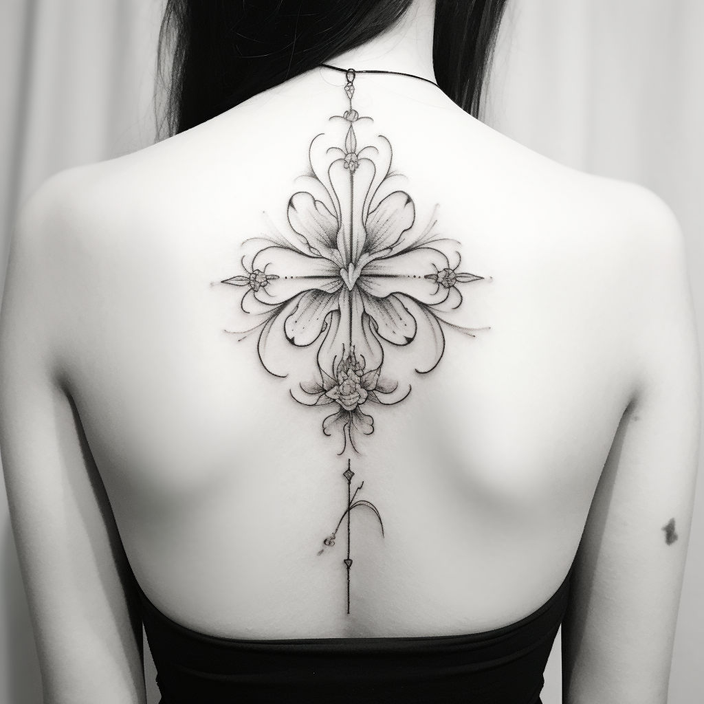 A fine line cross and lilly tattoo