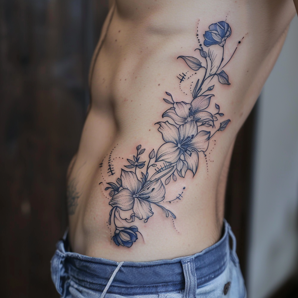 Fine line tattoo on man's ribs