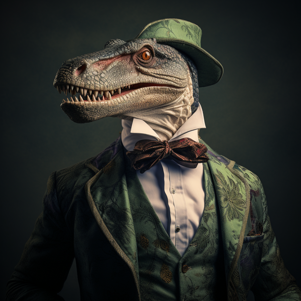 Mustached dinosaur in elegant attire