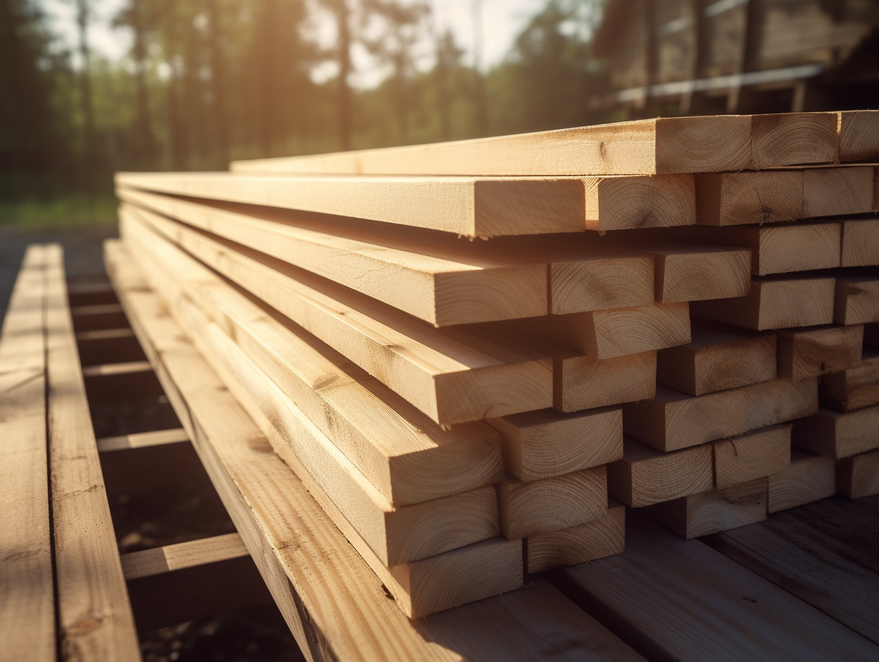 Stacked finishing boards outdoors in natural daylight