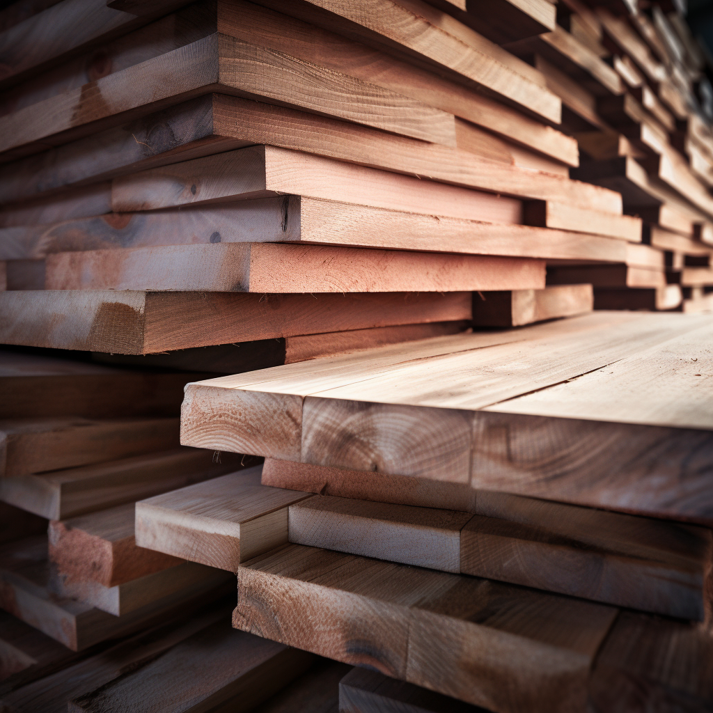 Realistic photograph of finishing boards stacked in a pile