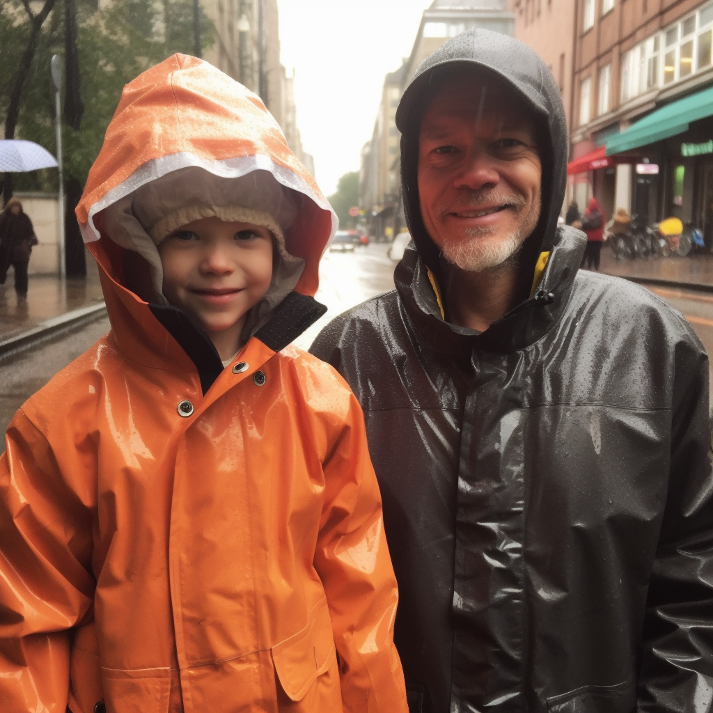 Father and child enjoying rainy November in Finland