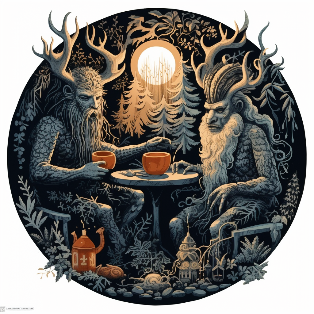 Two men with a Finnish forest spirit and coffee