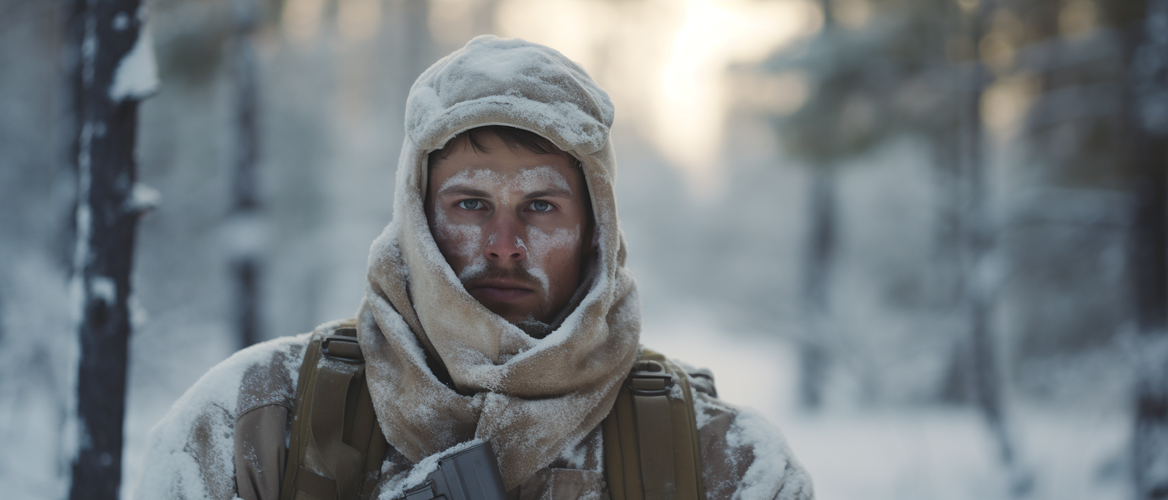 Finnish soldier in winter forest with rifle