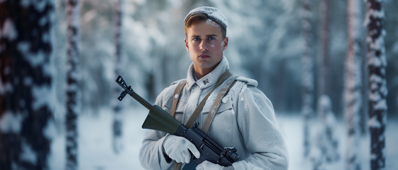 Finnish soldier in winter forest with rifle