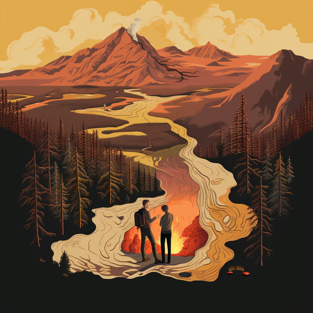 Topographical Map with Campfire Scene