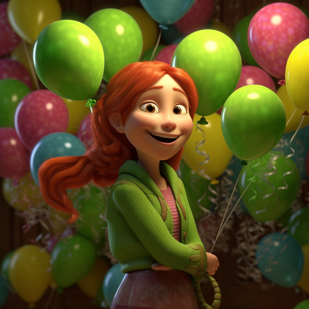 Fiona from Shrek in birthday scene with green balloons