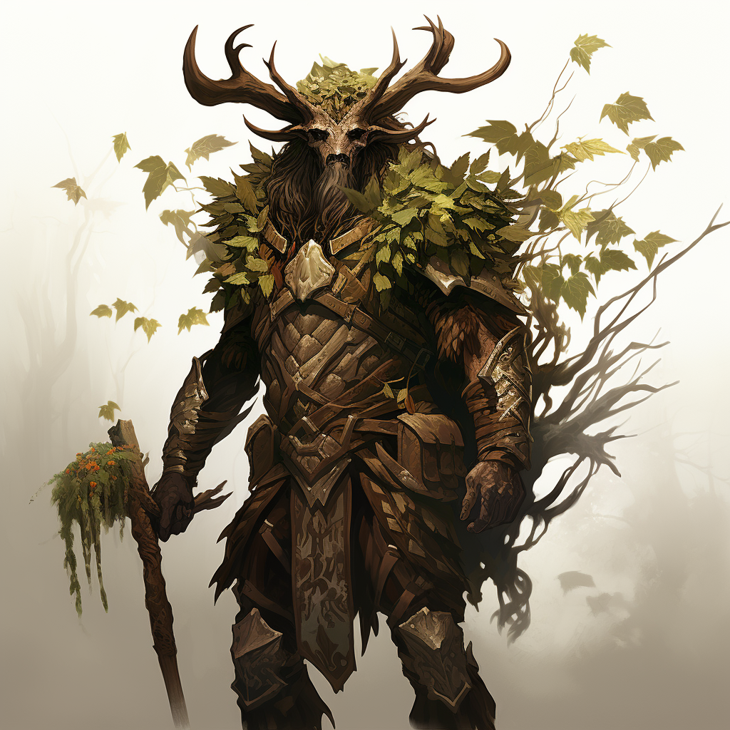 Firbolg Druid carrying gnarled staff adorned with leaves