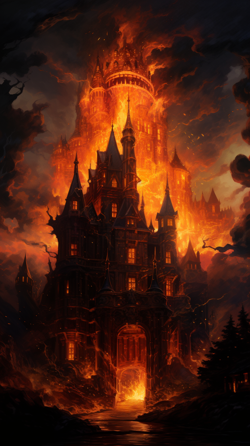 Fire castle illuminated with flames