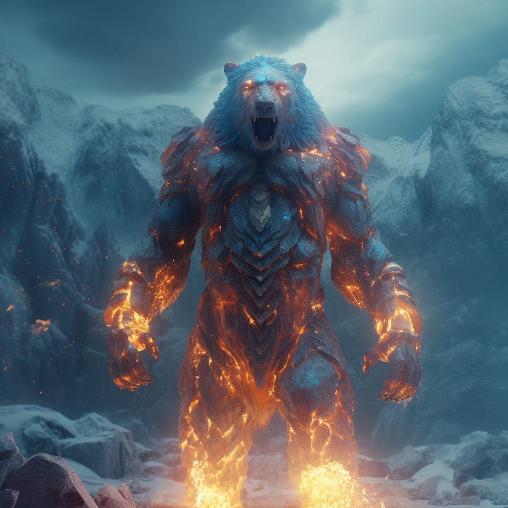 Photoreal Fire & Ice Bear with Lion's Head