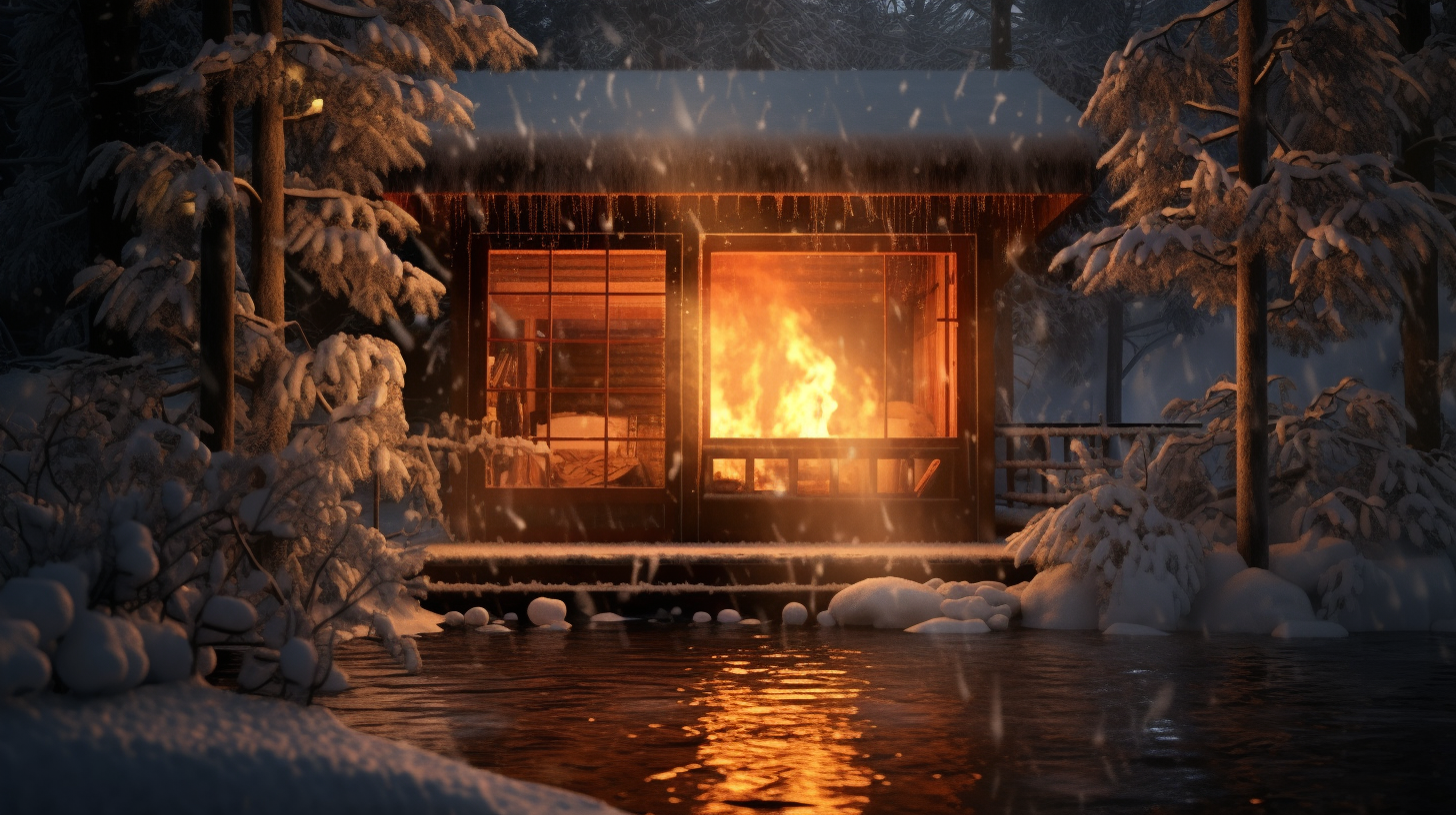 A serene scene of fire and ice in a small wooden hut