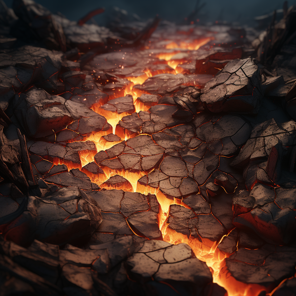 Firelight illuminating cracked clay stones