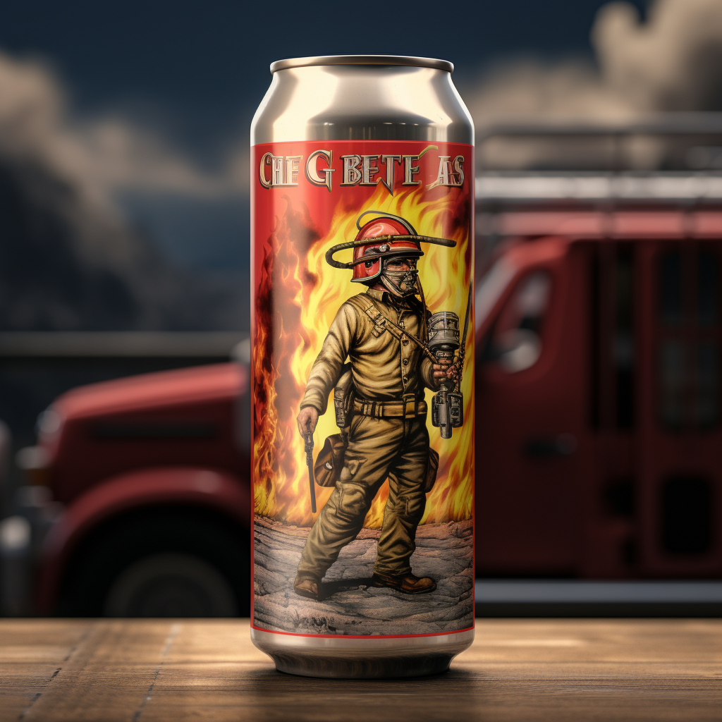 Artistic rendering of firefighter ladder on building-sized beer can